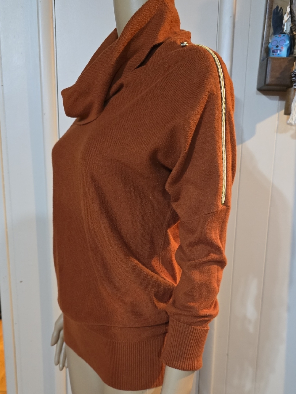 Michael Kors Rust Cowl-Neck Sweater with Shoulder Zipper